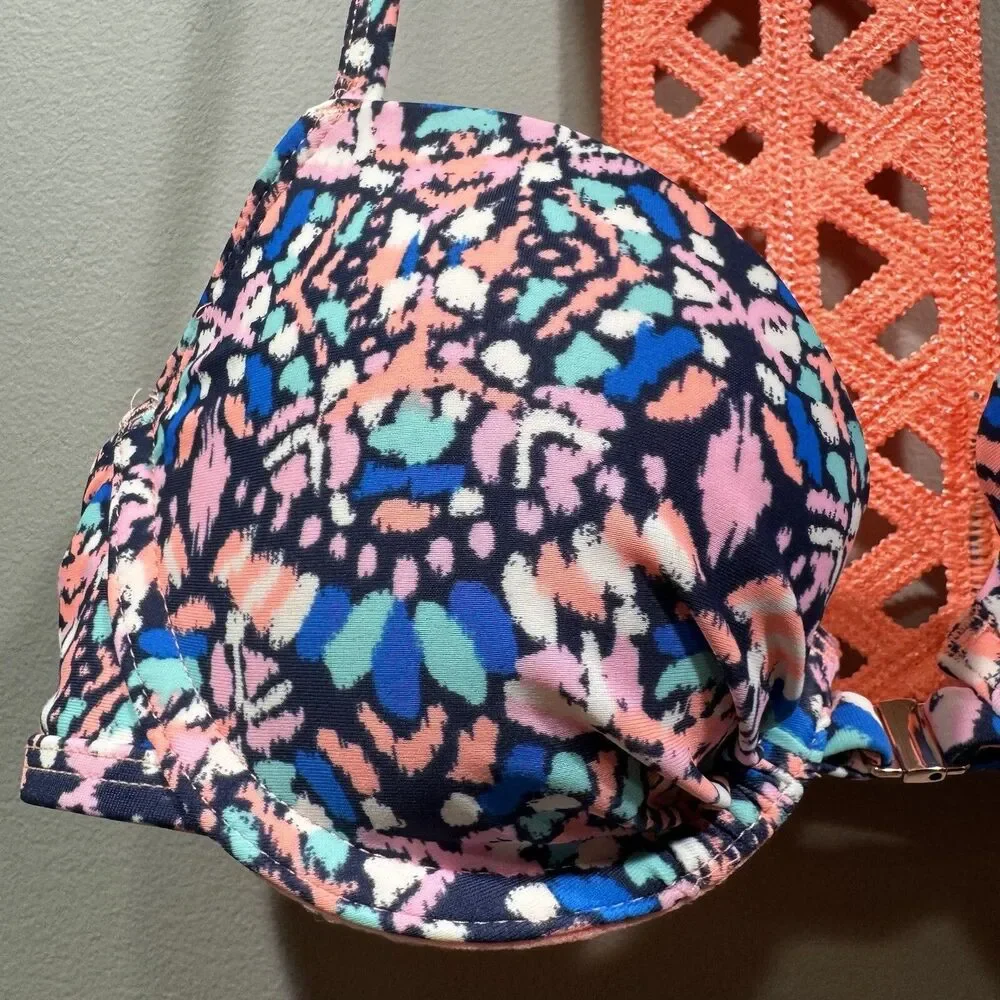 AERIE Womens Size 32B Tribal Pattern Racerback Bikini Top Coral Wired